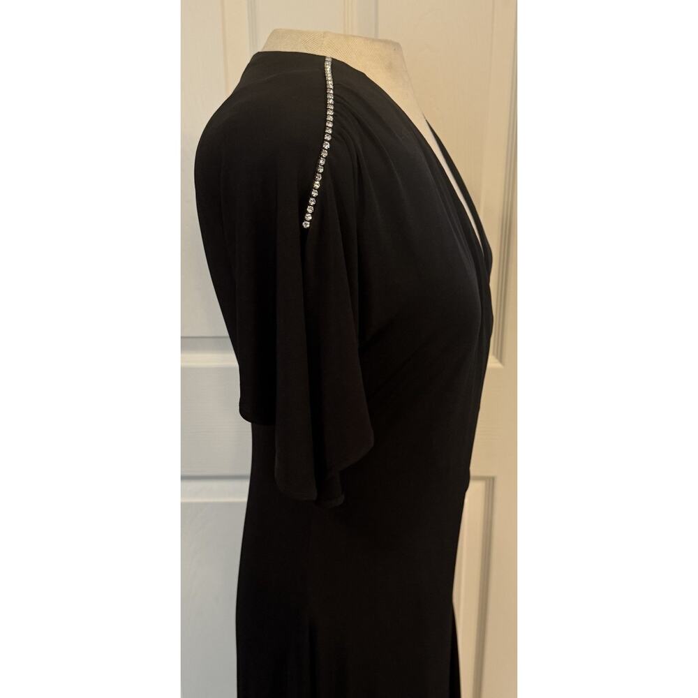 J Peterman Cocktail Dress LBD Sz 6 Black Ruched Rhinestones Ruffle Button Detail - Picture 9 of 16